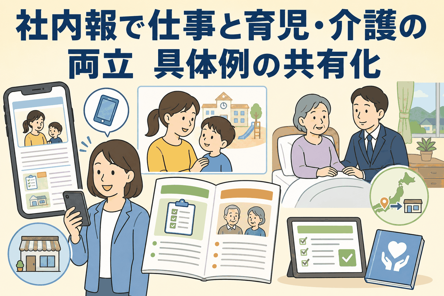 社内報を活用して仕事と育児・介護の両立支援事例をスマホで共有し、保育園選びや介護チェックリスト、遠方の親の介護に伴う転勤事例を紹介するイラスト