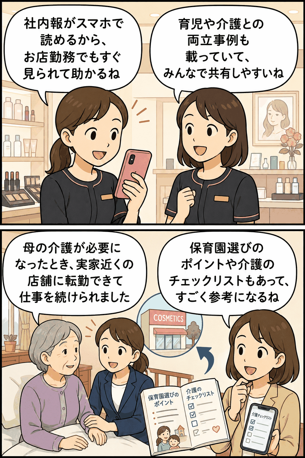 化粧品会社の店舗勤務社員がスマホで読める社内報を通じて、仕事と育児・介護の両立事例、親の介護に伴う転勤、保育園選びのポイントや介護チェックリストを共有する漫画風イラスト