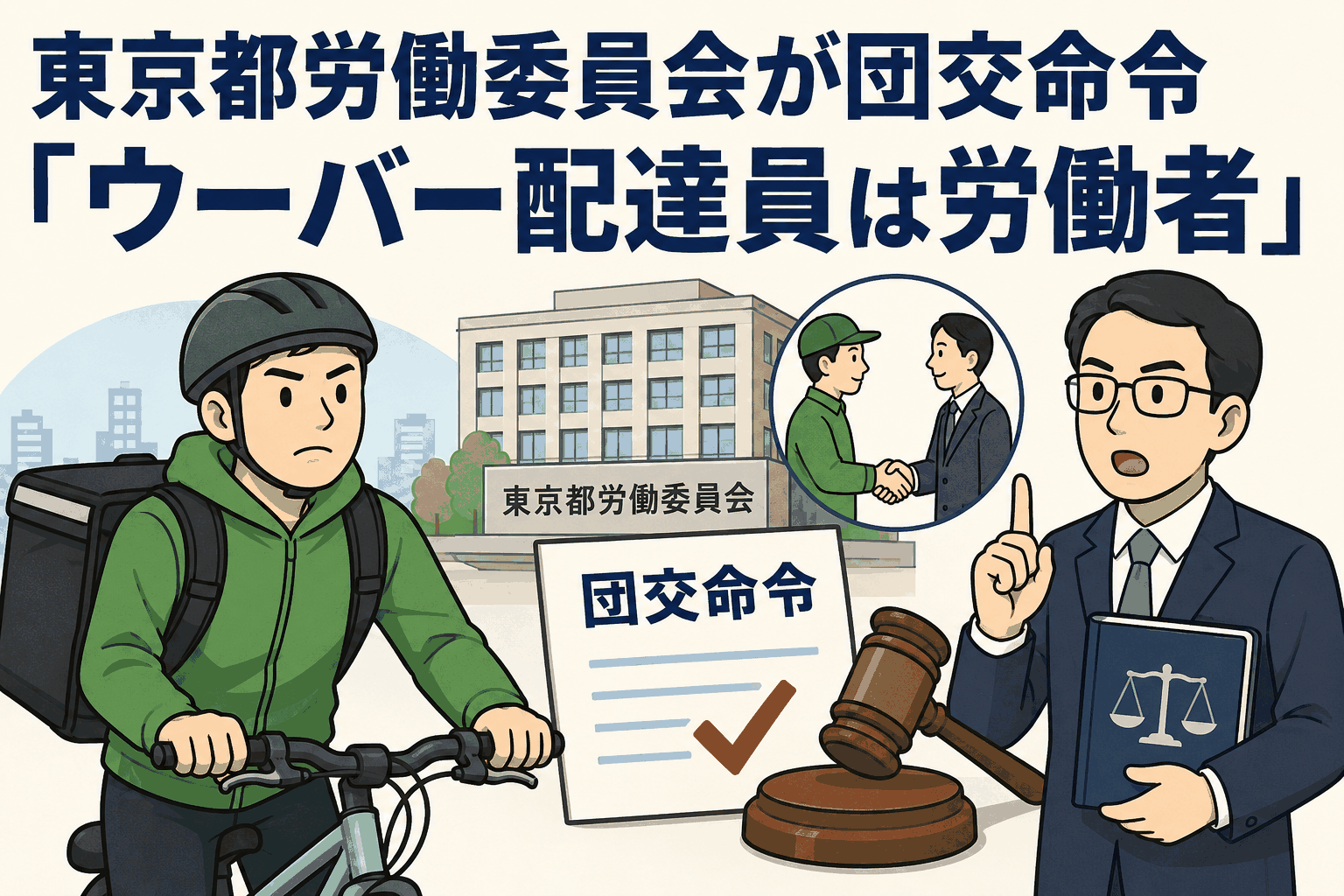 東京都労働委員会がウーバーイーツ配達員を労組法上の労働者と認め、団体交渉に応じるよう命じたことを示すイラスト
