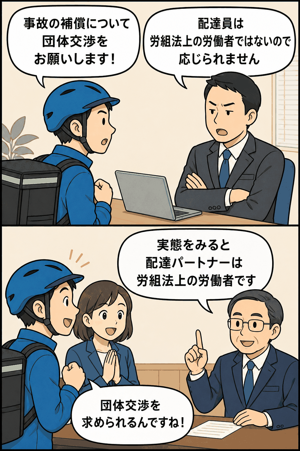ウーバーイーツ配達員が事故補償について団体交渉を求め、配達パートナーは労組法上の労働者に当たると説明される漫画