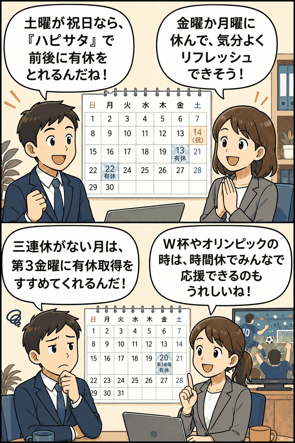 ハッピーサタデーと残念月の有休促進制度を漫画形式で説明する画像。土曜日が祝日の場合は金曜または月曜の有休取得を推奨し、三連休がない月は第3金曜日の有休取得を促す。