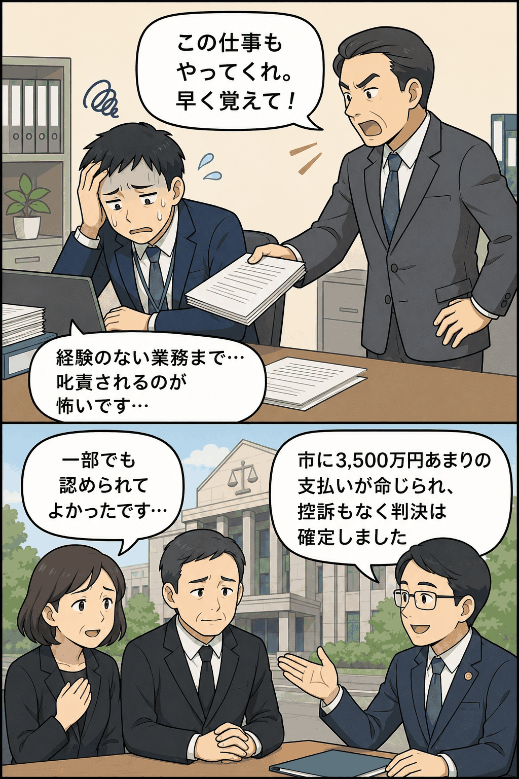 水道局職員が経験のない業務指示や叱責に追い詰められた状況と、遺族の損害賠償訴訟で市に3,500万円あまりの支払いが命じられた判決を説明する漫画