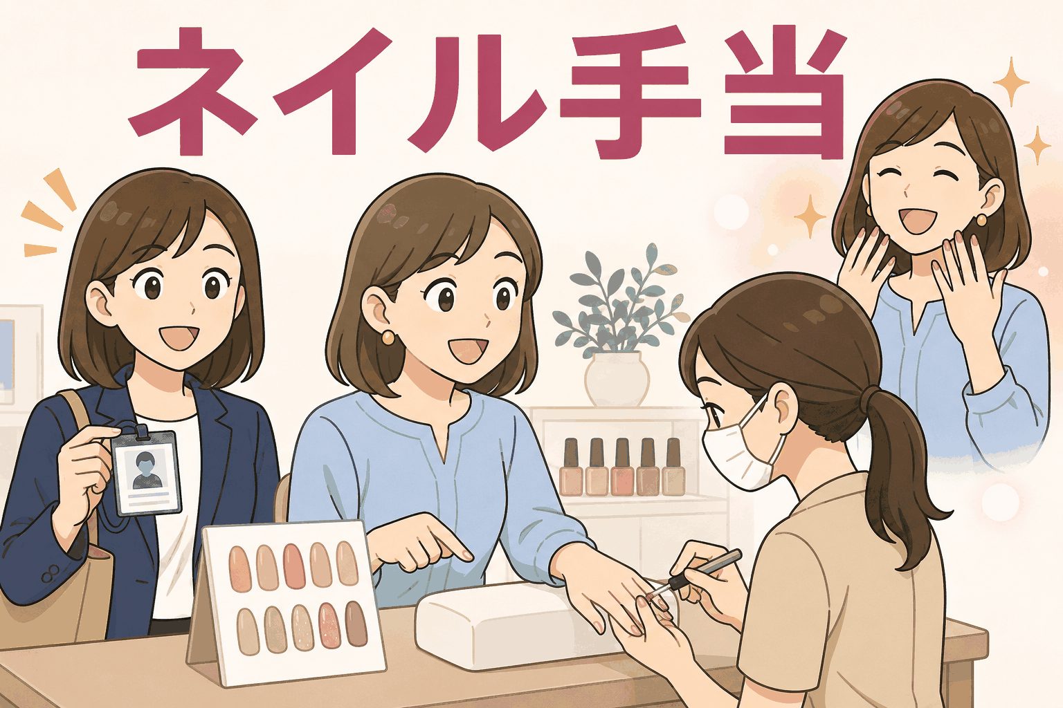 社員証を提示して提携ネイルサロンで無料施術を受ける女性社員と、福利厚生のネイル手当制度を紹介するイラスト