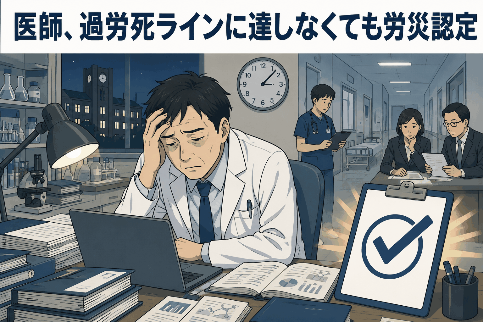 過労死ライン未満の残業時間でも労災認定された大学医師の事例を示すアイキャッチ画像。研究室で疲弊する医師と労災認定のチェックマーク。
