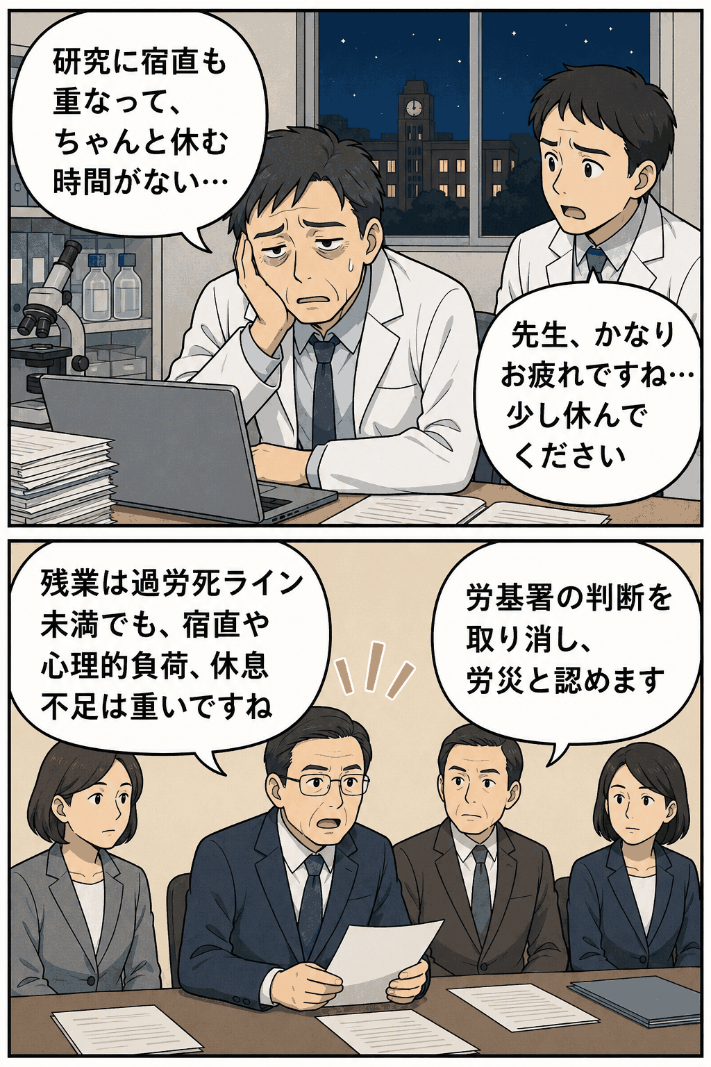 大学医師が研究と宿直勤務で疲弊し、過労死ライン未満の残業でも心理的負荷や休息不足を理由に労災認定された事例を描いた漫画画像。