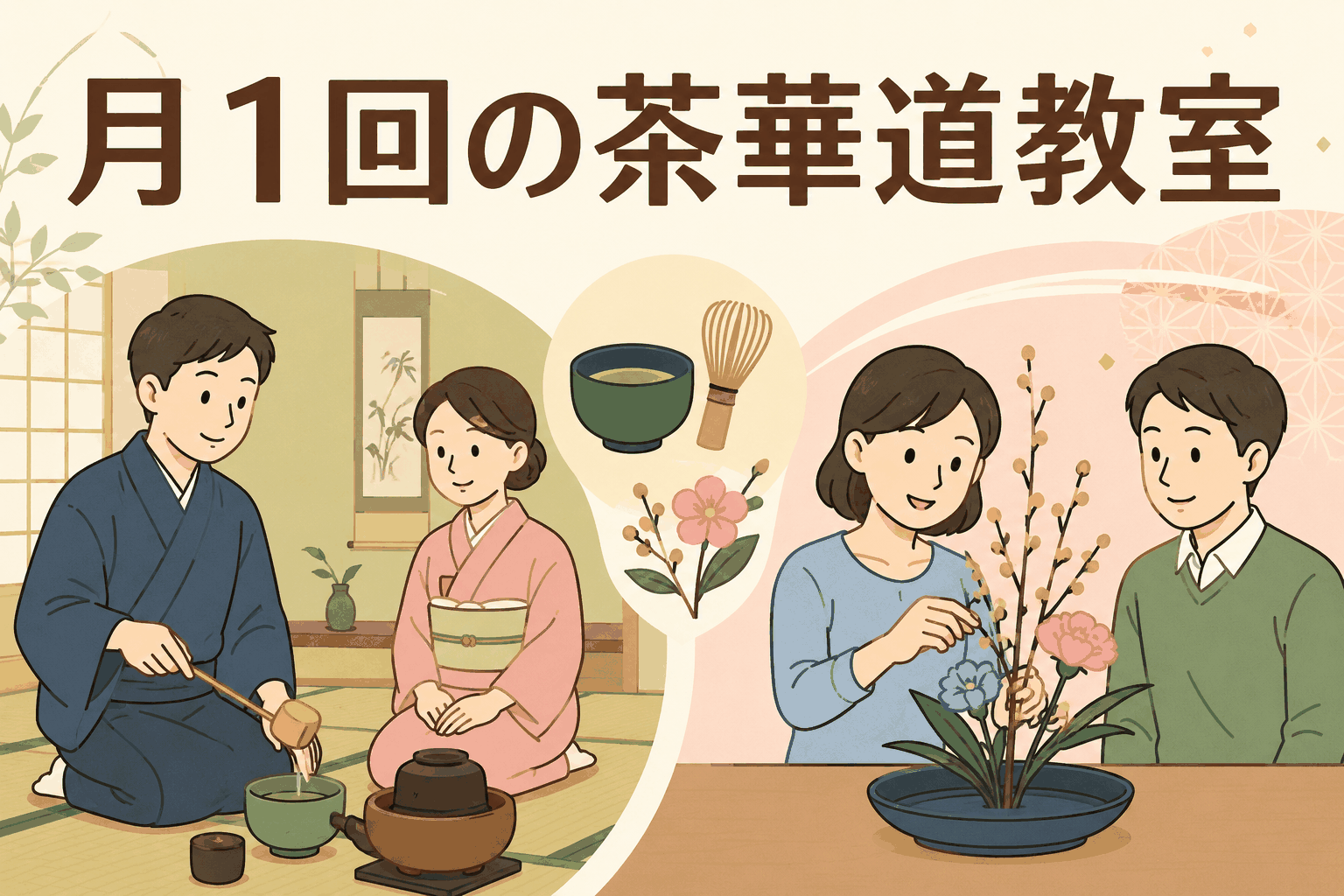 月1回無料で参加できる社員向け茶華道教室の制度を紹介するアイキャッチ画像