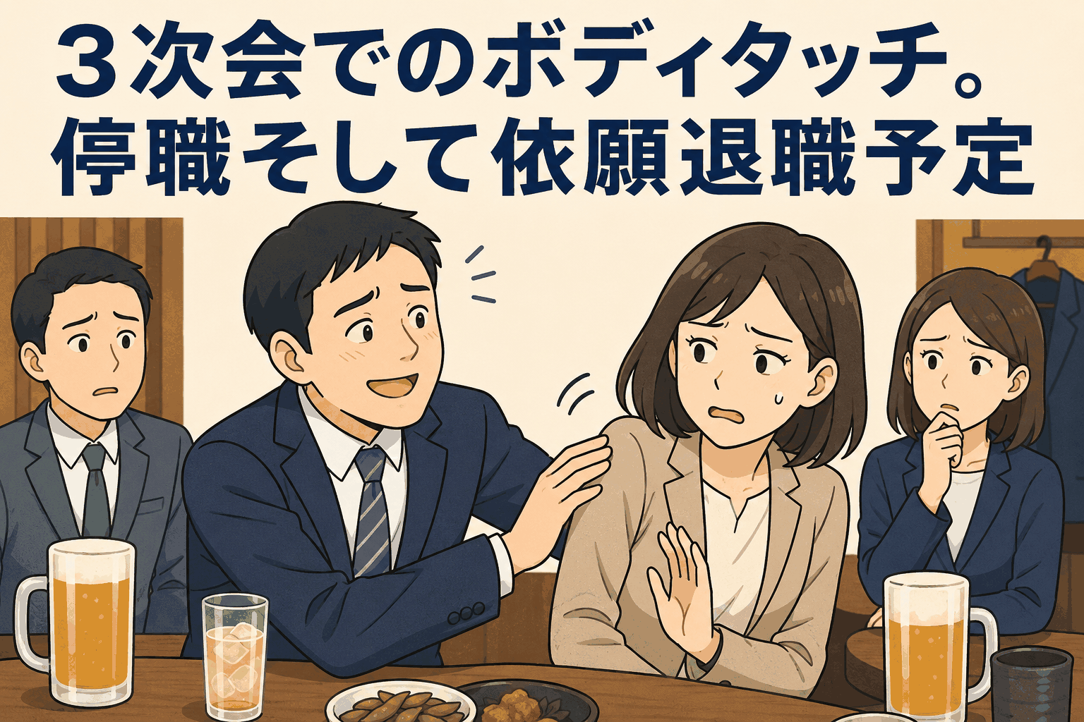学校の慰労会3次会で男性教諭が同僚女性教諭にセクハラ行為をし、停職処分と依願退職予定になった事案を描いたアイキャッチ画像