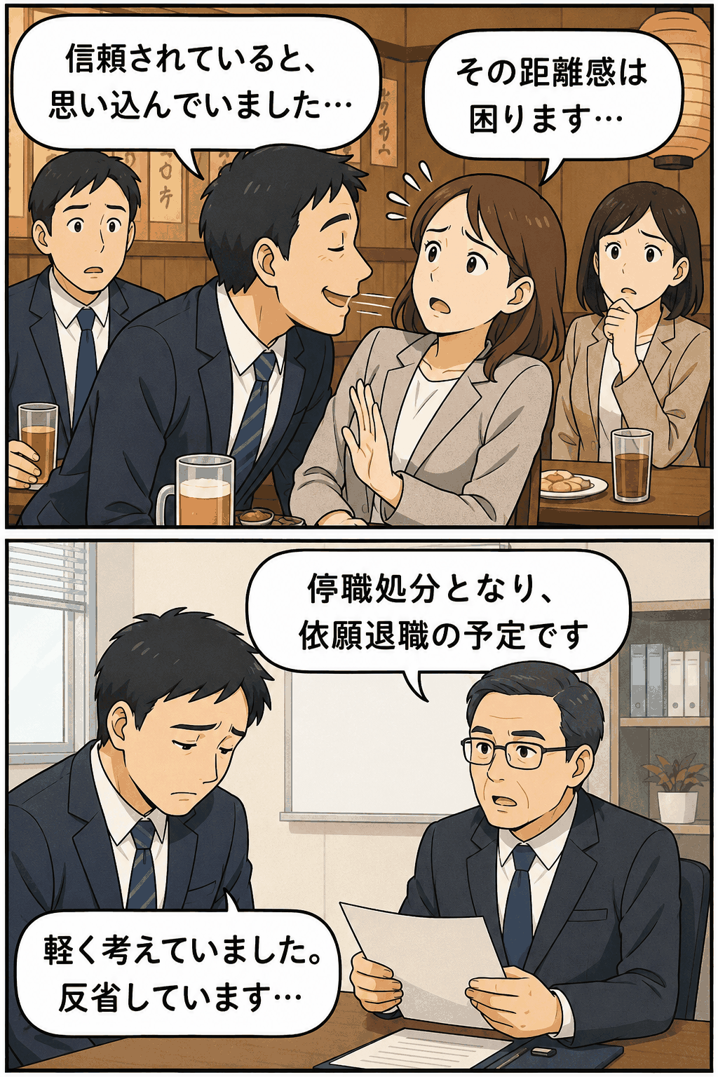 学校の慰労会3次会で同僚女性教諭にセクハラをした高校男性教諭が、停職処分と依願退職予定を告げられる漫画風イメージ