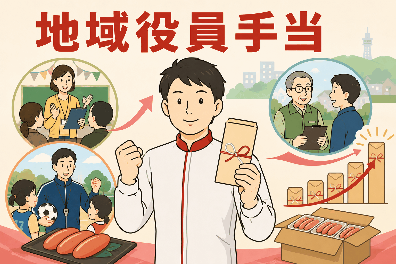 地域役員手当制度を紹介するイラスト。明太子製造・販売会社の社員がPTAや町内会、スポーツ教室など地域活動に参加し、リーダーシップを磨く様子