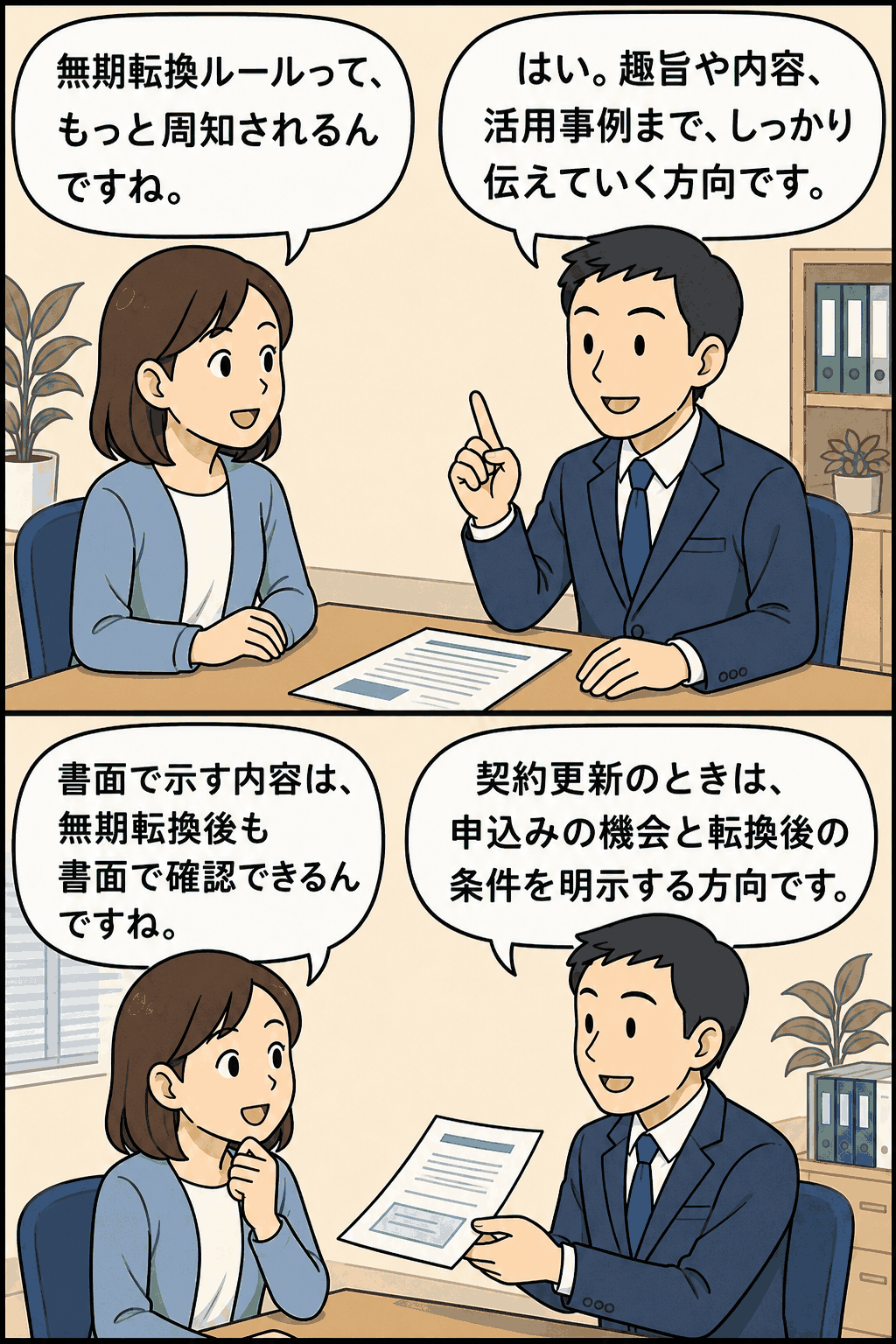 無期転換ルールの周知徹底と契約更新時の申込機会・労働条件明示について、労働者と担当者が会話で確認している漫画イラスト