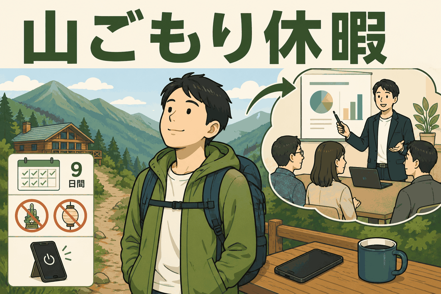山ごもり休暇制度を紹介するイラスト。9日間の連続休暇、会社との連絡禁止、休暇後の朝会発表を表現。