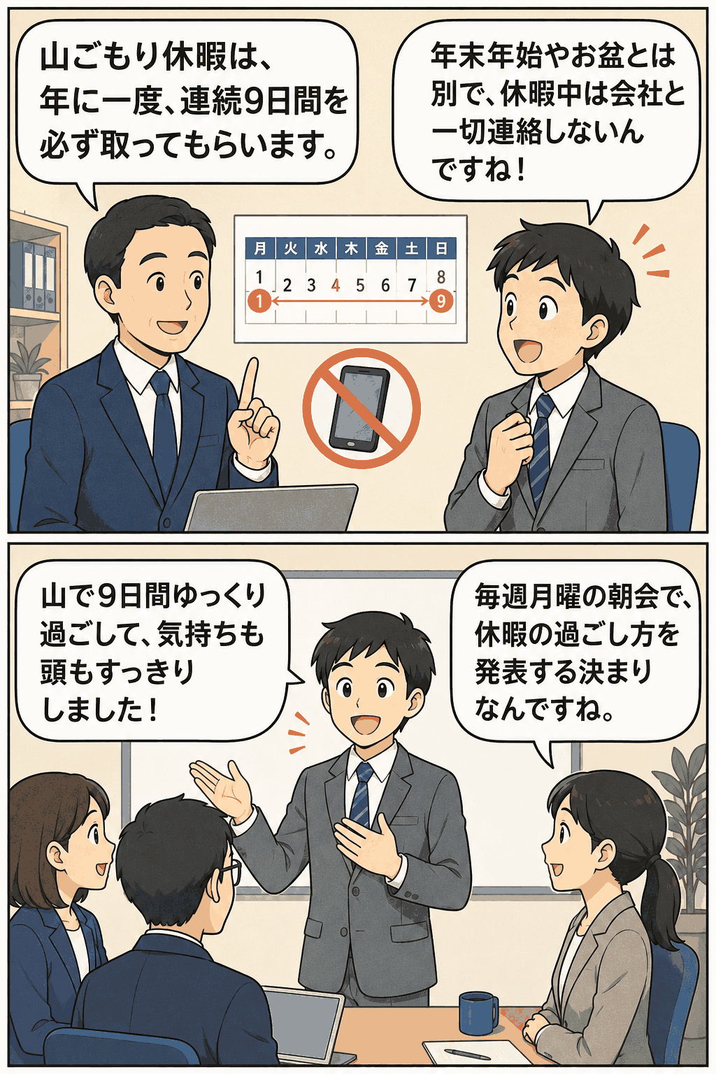 山ごもり休暇制度を漫画で解説。年1回の連続9日間休暇、休暇中の会社連絡禁止、休暇後の朝会発表を紹介。