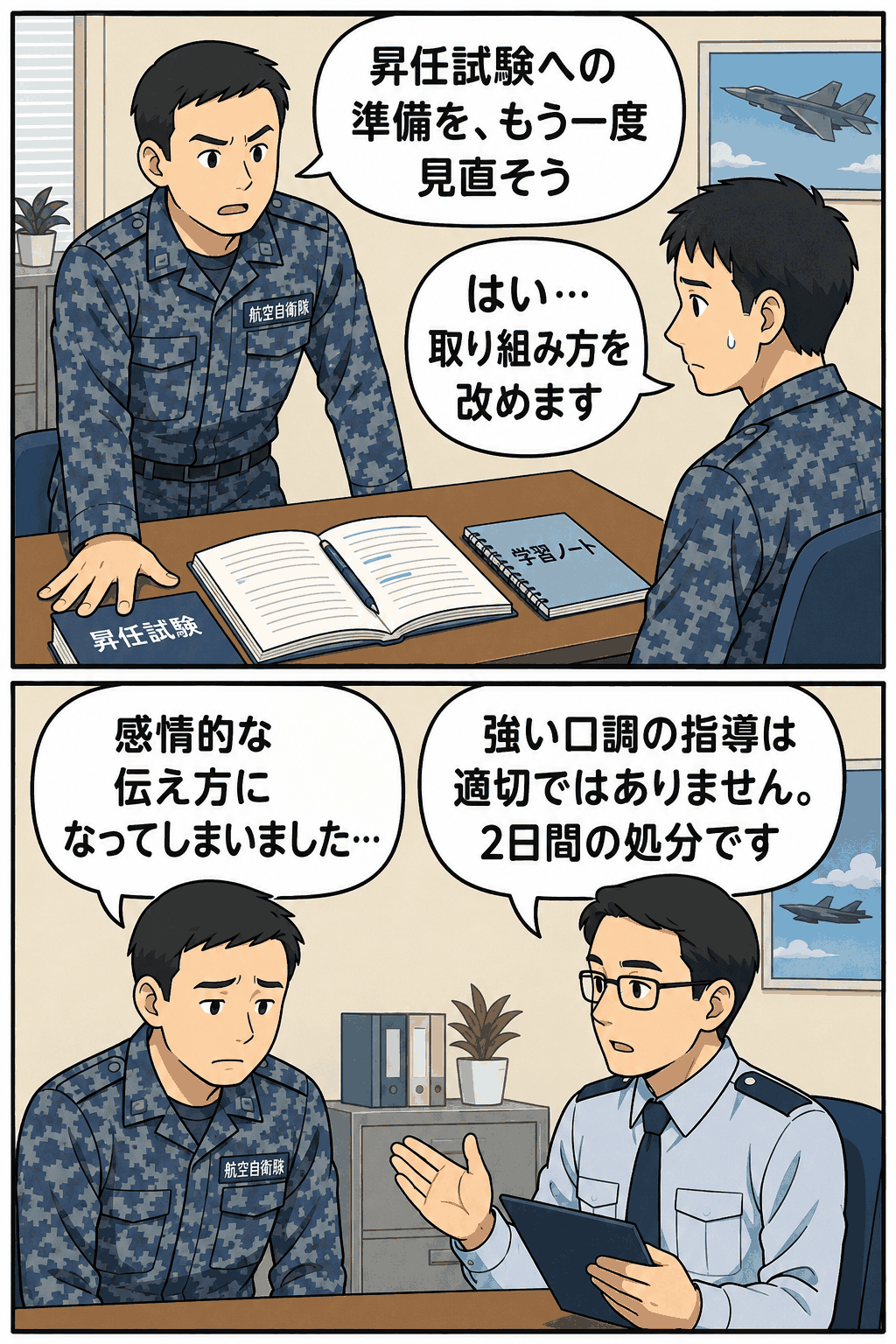 航空自衛隊基地で昇任試験の準備をめぐる指導が感情的になり、後輩隊員へのパワハラとして停職2日間の処分を受けた事案を描いた漫画