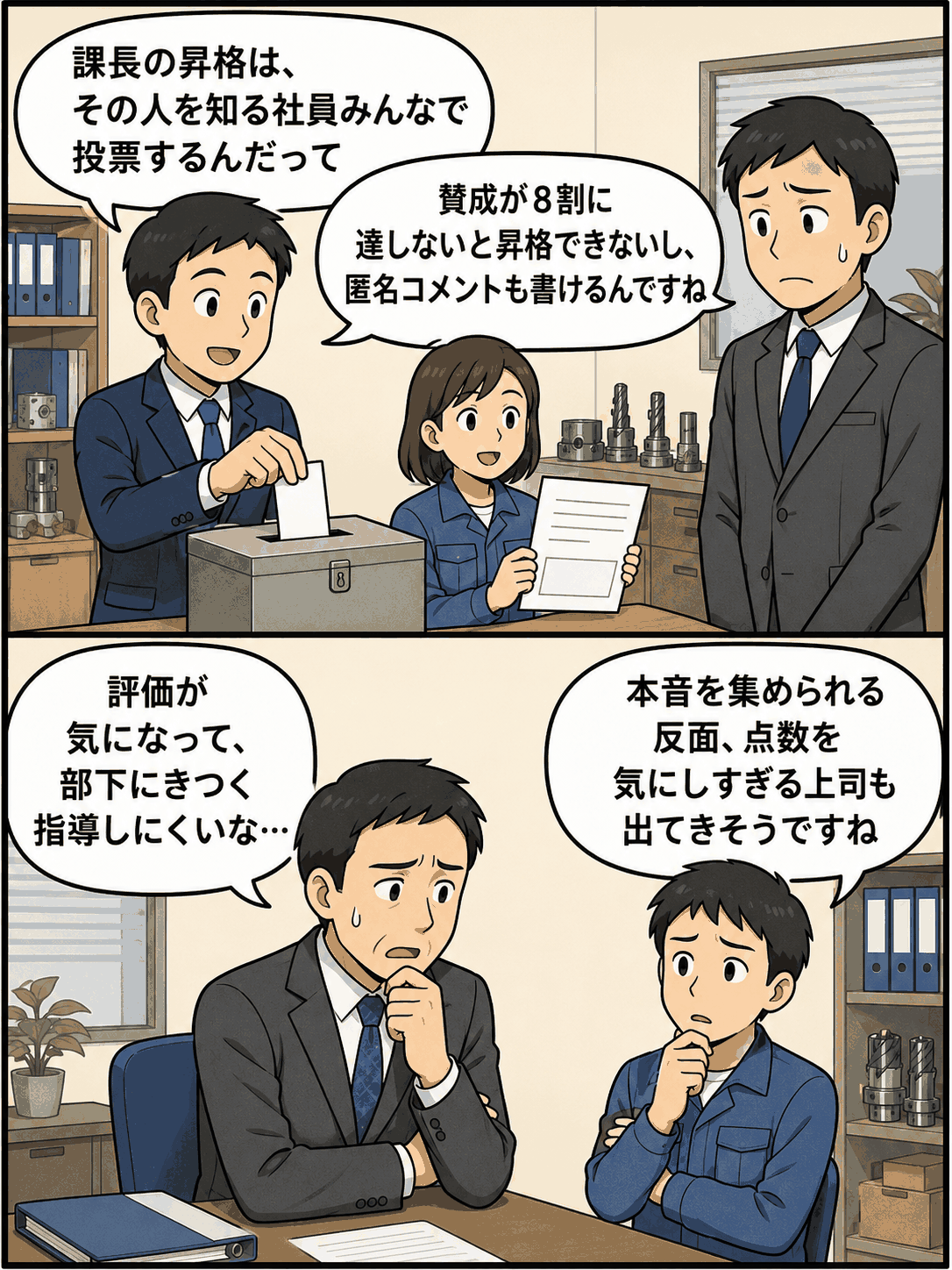 課長の昇格を社員全員の投票で決め、8割の賛成や匿名コメントが評価に影響する人事制度の課題を描いた漫画