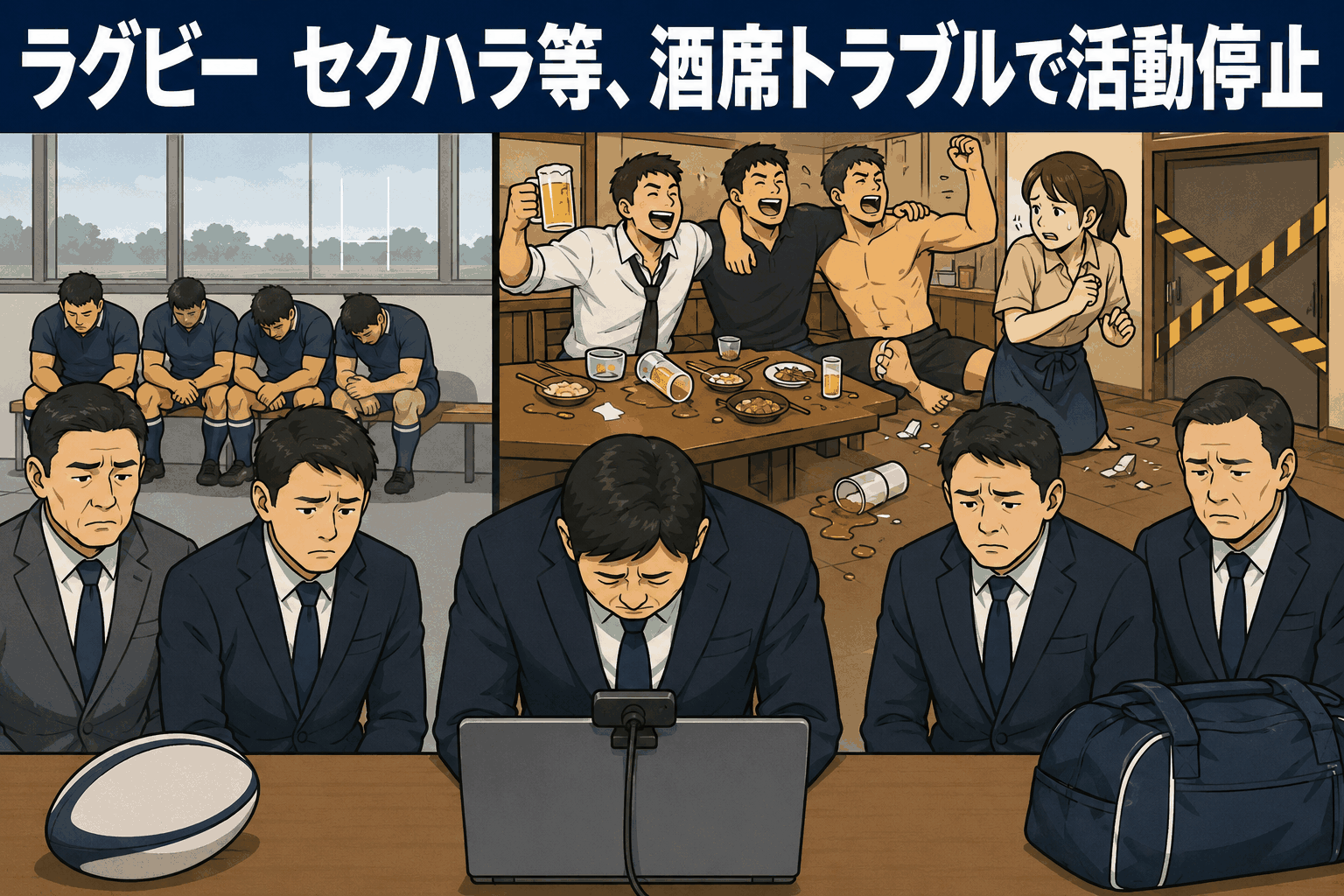 ラグビーチームが飲食店でのセクハラ行為や酒席トラブルを受け、オンライン謝罪会見で無期限活動停止を発表するイメージ