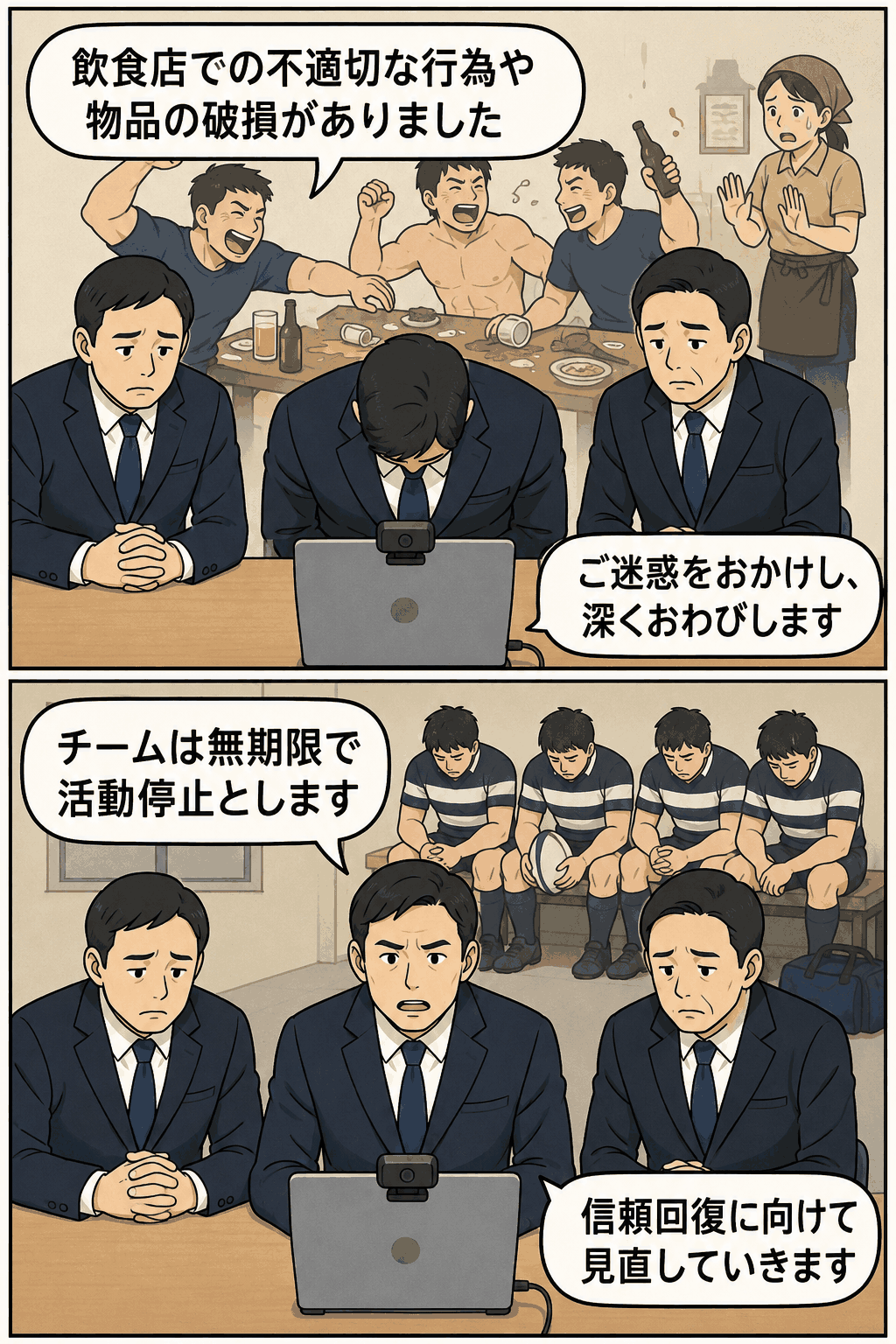 ラグビーチームが飲食店での不適切行為や物品破損を謝罪し、無期限活動停止を発表するオンライン会見のイラスト