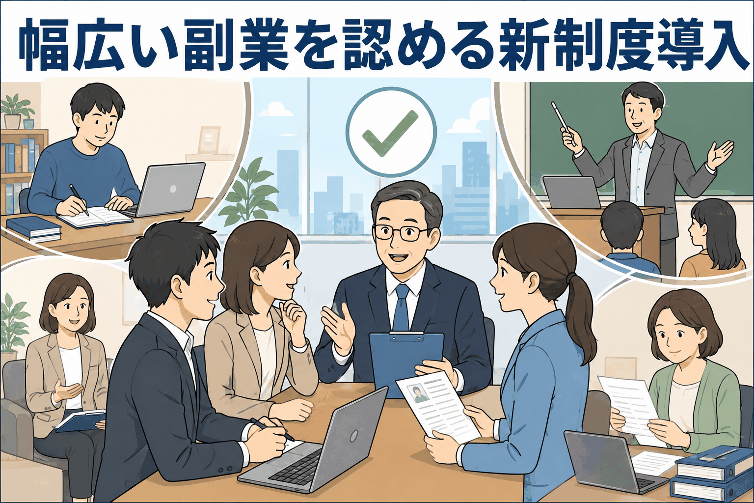 幅広い副業を認める新制度導入について、社員のキャリア形成やセカンドキャリア支援を話し合う商社の会議風景