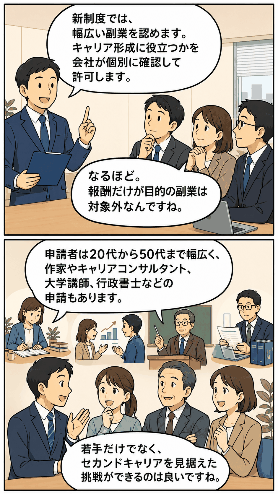 商社の副業新制度について、キャリア形成に役立つ副業を会社が個別に確認・許可し、20代から50代まで幅広い社員がセカンドキャリアを見据えて挑戦する様子