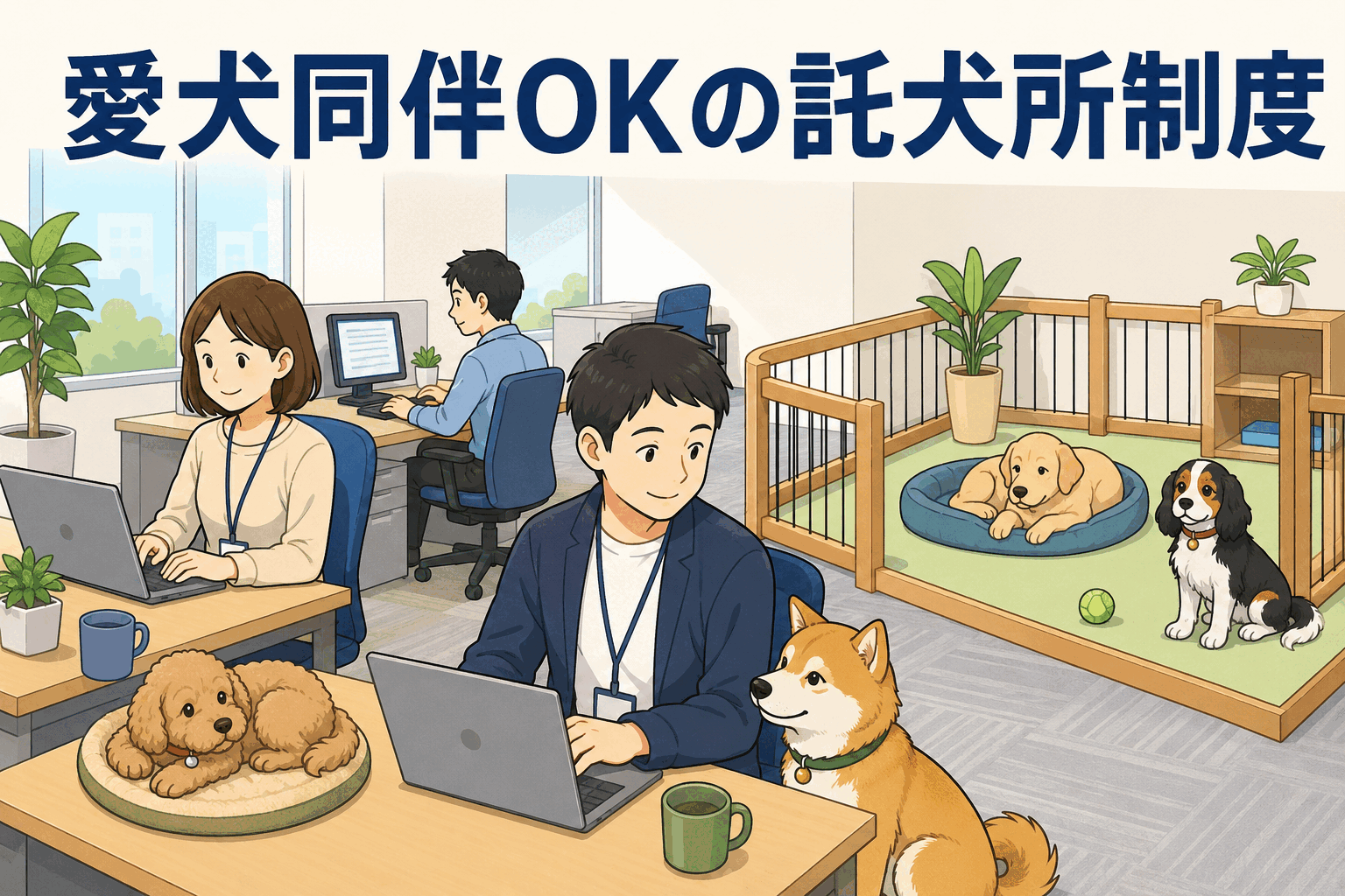 愛犬同伴OKの託犬所制度があるオフィスで、社員が犬と一緒に働く様子