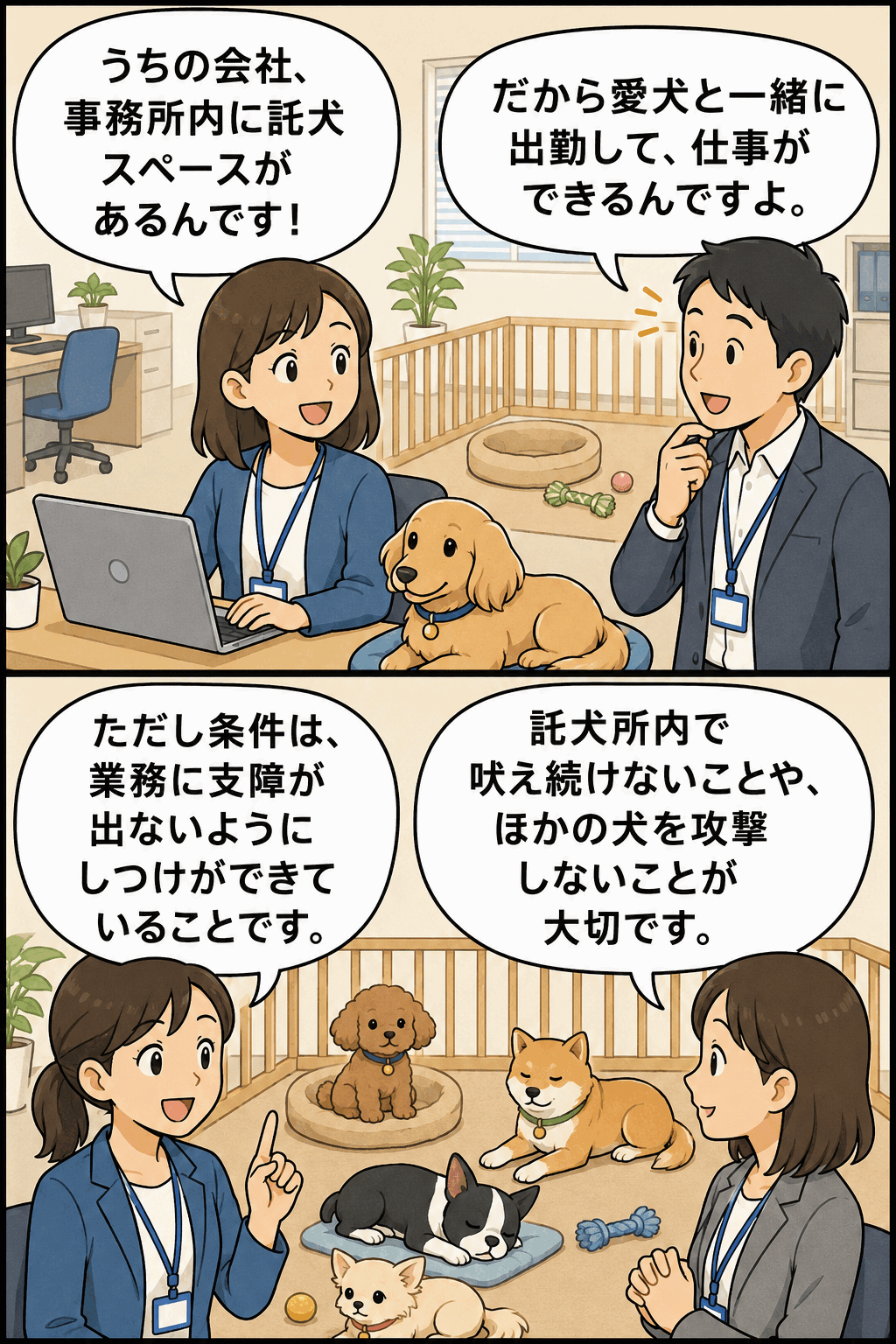 ペット用品販売会社の託犬所制度について、事務所内の託犬スペースや愛犬同伴出勤の条件を説明する漫画