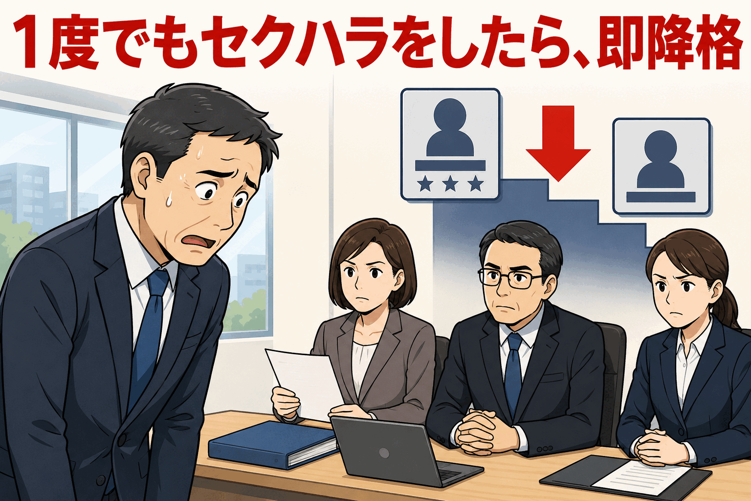 セクハラを1度でも行うと降格・解雇の対象となる厳罰化を示す、面談中に厳しい表情で対応される社員のイラスト