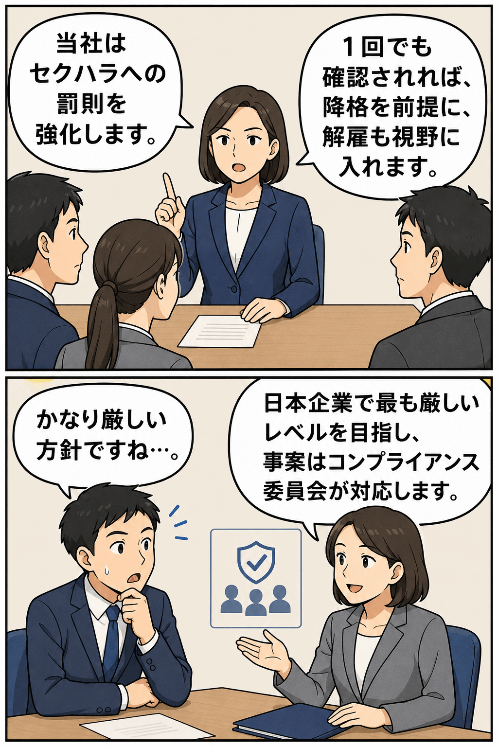 セクハラへの罰則強化を社内説明し、1回の確認でも降格や解雇の可能性があることを伝えるコンプライアンス研修の漫画