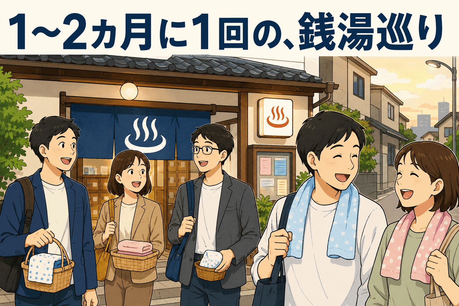 入浴剤メーカーの公認部活動「バスクリン銭湯部」が、1〜2カ月に1回の銭湯巡りを楽しみながら、銭湯文化の魅力を発信している様子