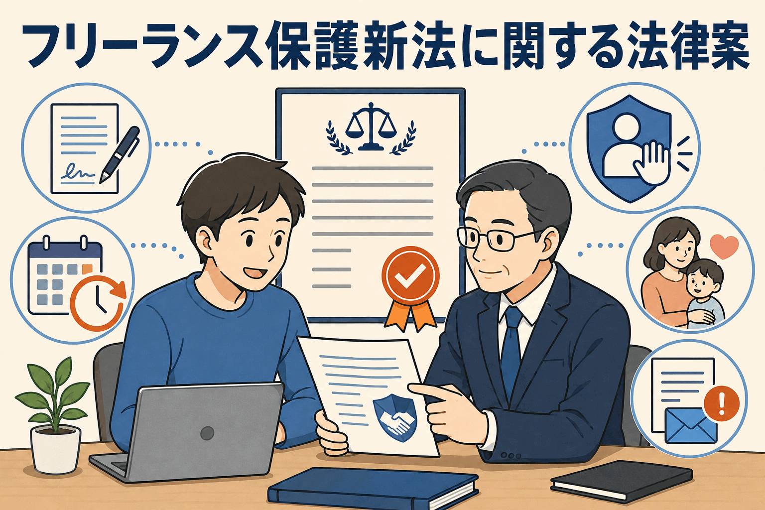 フリーランス保護新法に関する法律案について、契約内容の明示、報酬支払期限、ハラスメント対策、育児介護との両立支援などを専門家が説明するイラスト