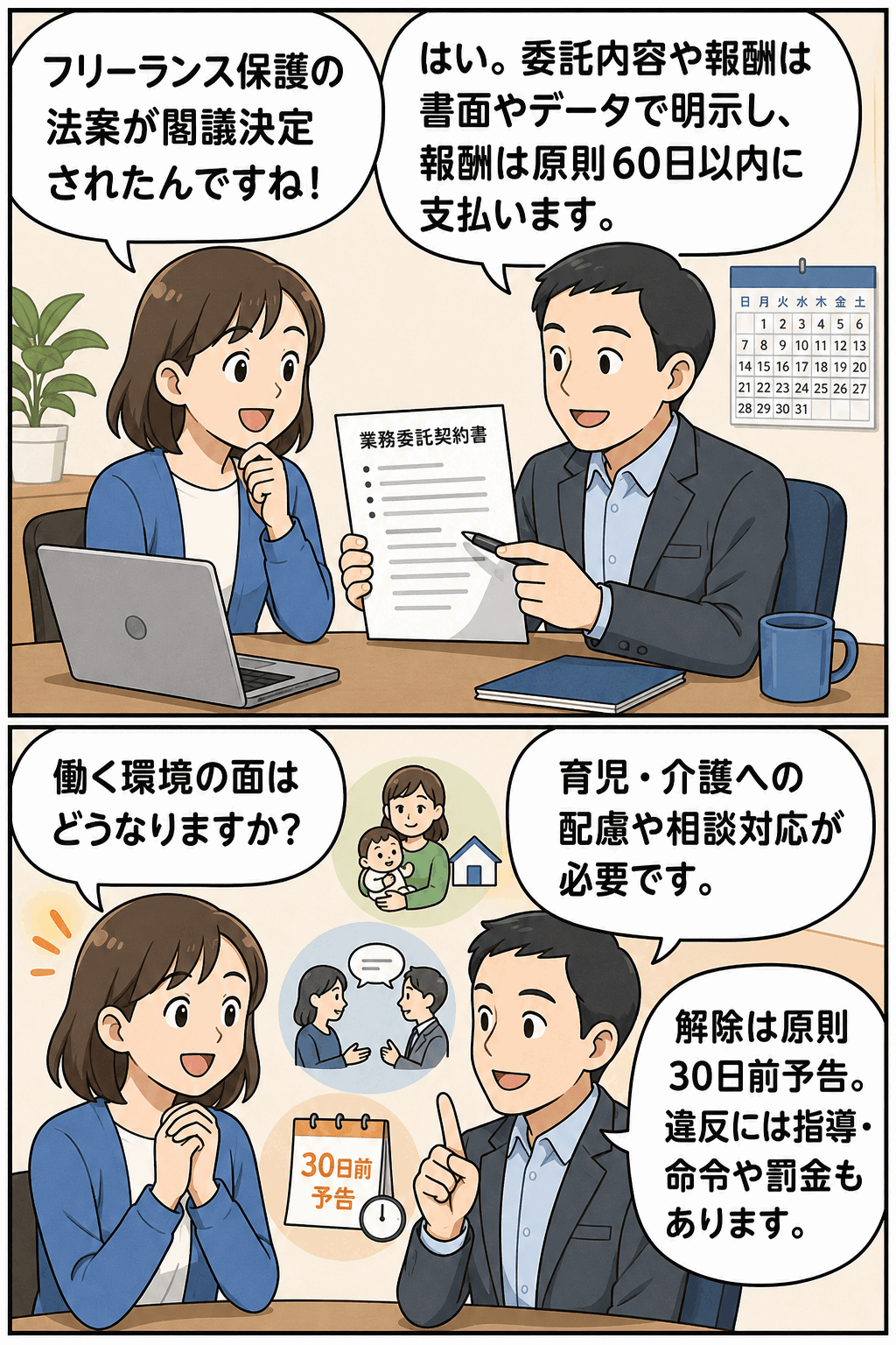 フリーランス保護の法案について、業務委託契約書の明示、報酬の60日以内支払い、育児・介護への配慮、解除時の30日前予告、違反時の指導や罰金を漫画形式で解説する画像