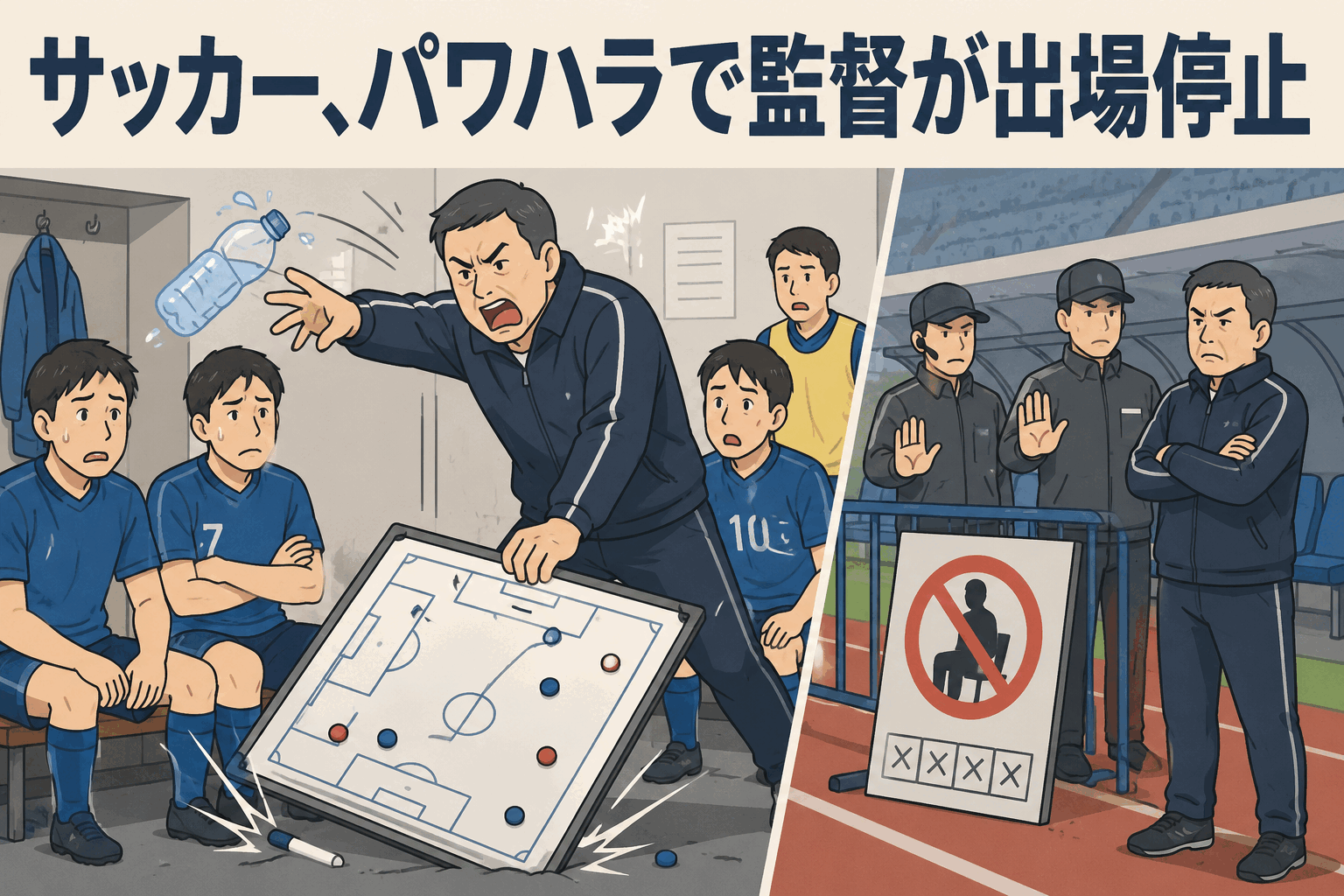 サッカーチーム監督がロッカールームでペットボトルを投げつけるなどのパワハラ行為により、開幕戦から4試合ベンチ入り停止処分を受けたことを示すイラスト