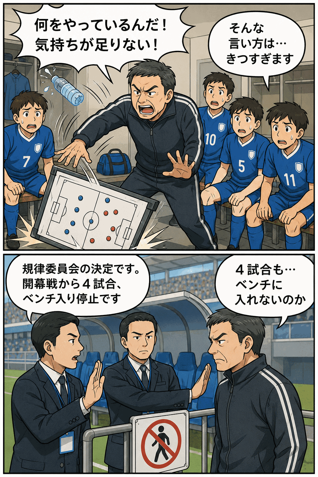 サッカー監督がロッカールームでペットボトルを投げつけるなどのパワハラ言動を行い、JFL規律委員会により開幕戦から4試合のベンチ入り停止処分を受ける漫画イラスト