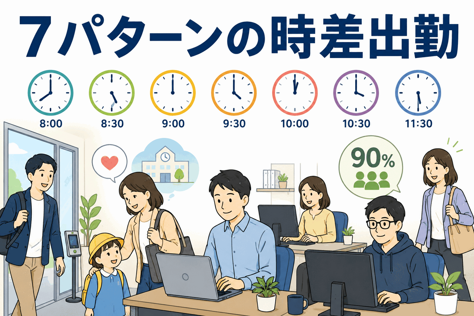情報通信業の会社で、8時から11時半まで30分単位で選べる7パターンの時差出勤制度を紹介するイラスト。子育て中の社員を含む多様な従業員が柔軟な働き方を活用している様子。