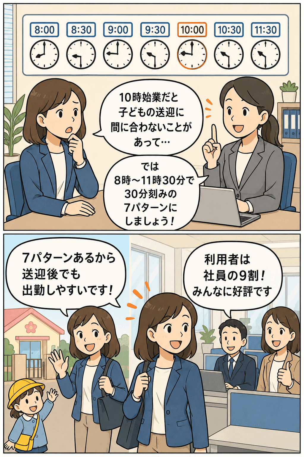 情報通信業の会社で、8時から11時30分まで30分単位で選べる7パターンの時差出勤制度を説明する漫画イラスト。子どもの送迎に合わせて出勤しやすくなり、社員の9割が制度を利用している様子。