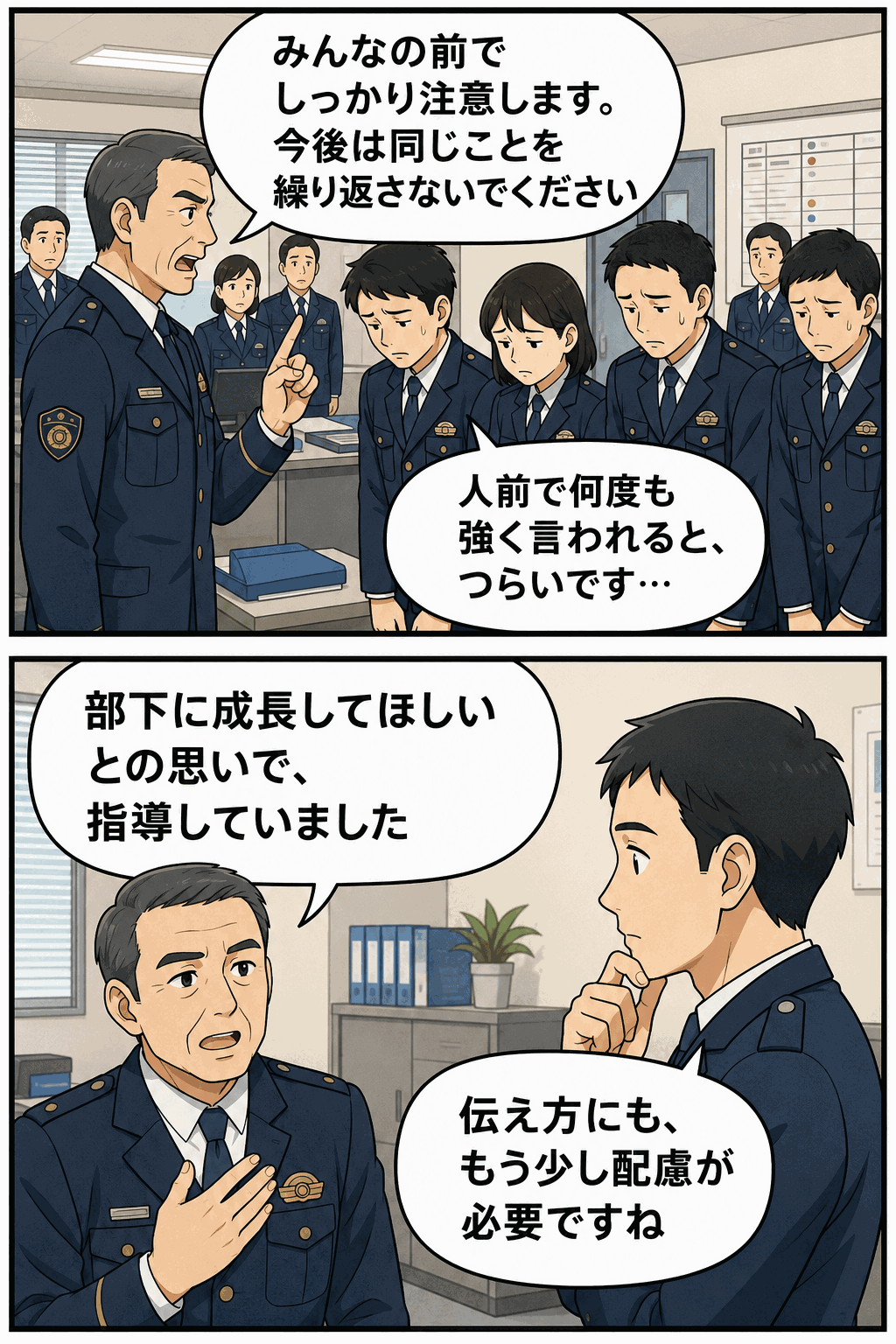 滋賀県警の50代男性警部が部下4人を人前で大声で叱責し、パワハラとして訓戒処分を受けた事例を描いた漫画画像