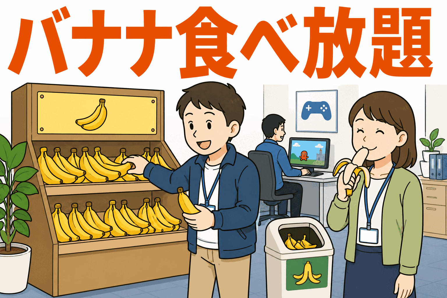 オフィスに設置された食べ放題のバナナコーナーで、従業員が自由にバナナを食べる福利厚生制度「無限バナナ」のイメージ