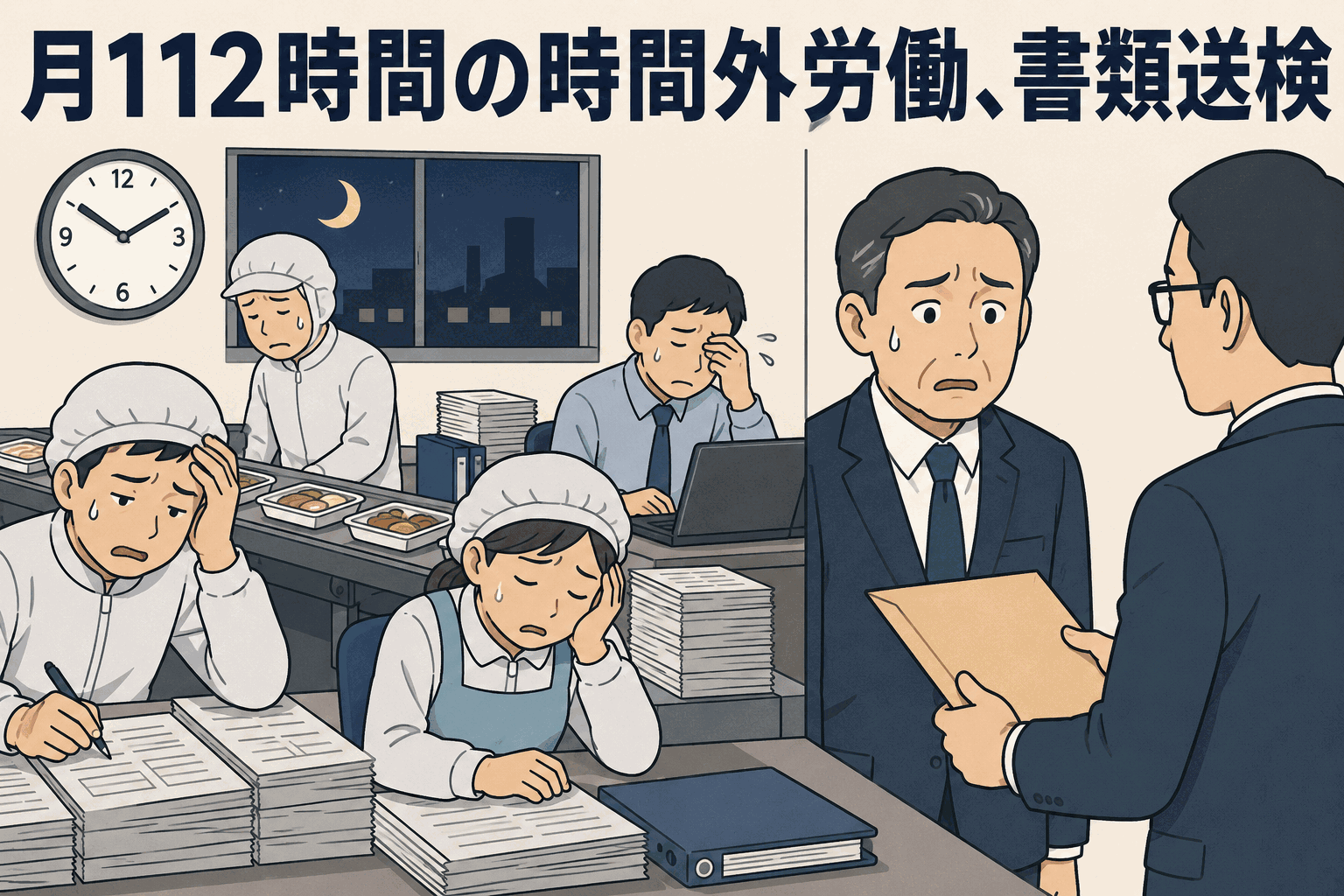 月112時間の時間外労働と36協定超過、書類送検された食料品製造会社を描いた労働基準法違反の解説イラスト