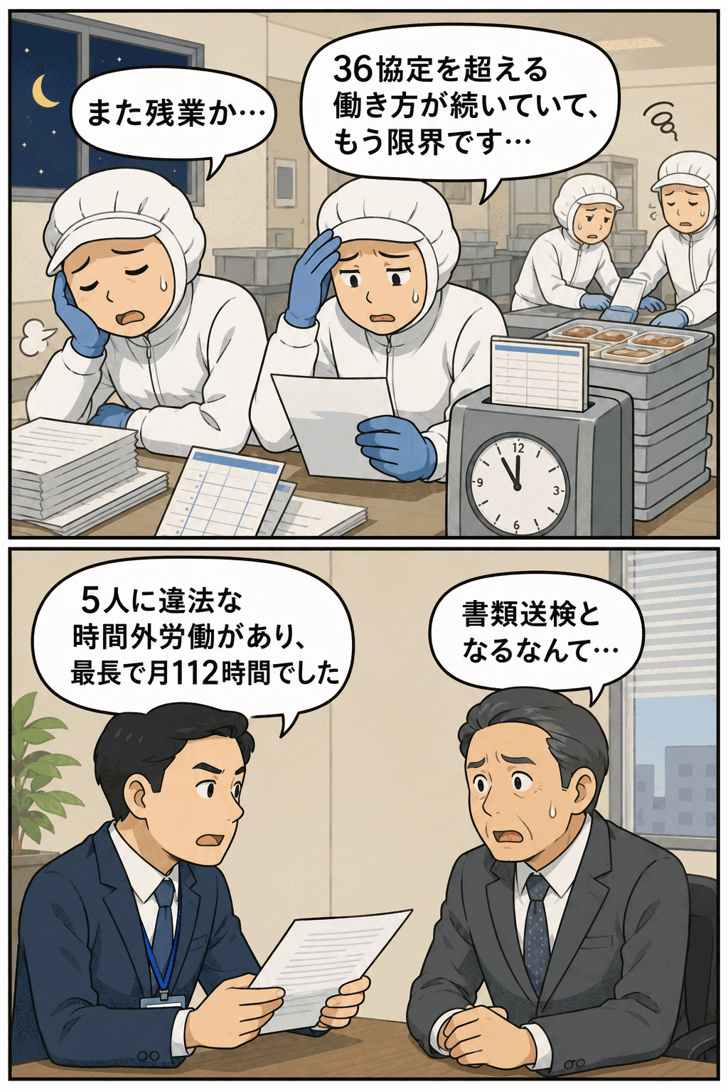 36協定を超える長時間労働が続く食料品製造会社で、従業員5人に違法な時間外労働があり書類送検となった事例を描いた漫画イラスト