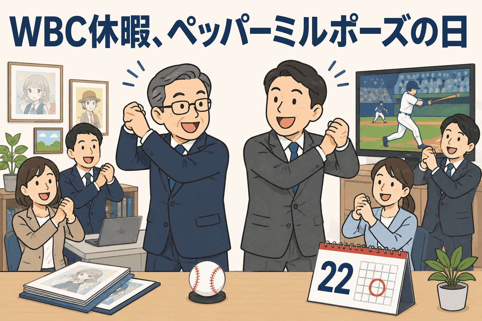 WBC決勝戦の日を「ペッパーミルポーズの日」として休暇にした会社で、社員たちが野球中継を見ながら喜ぶイラスト