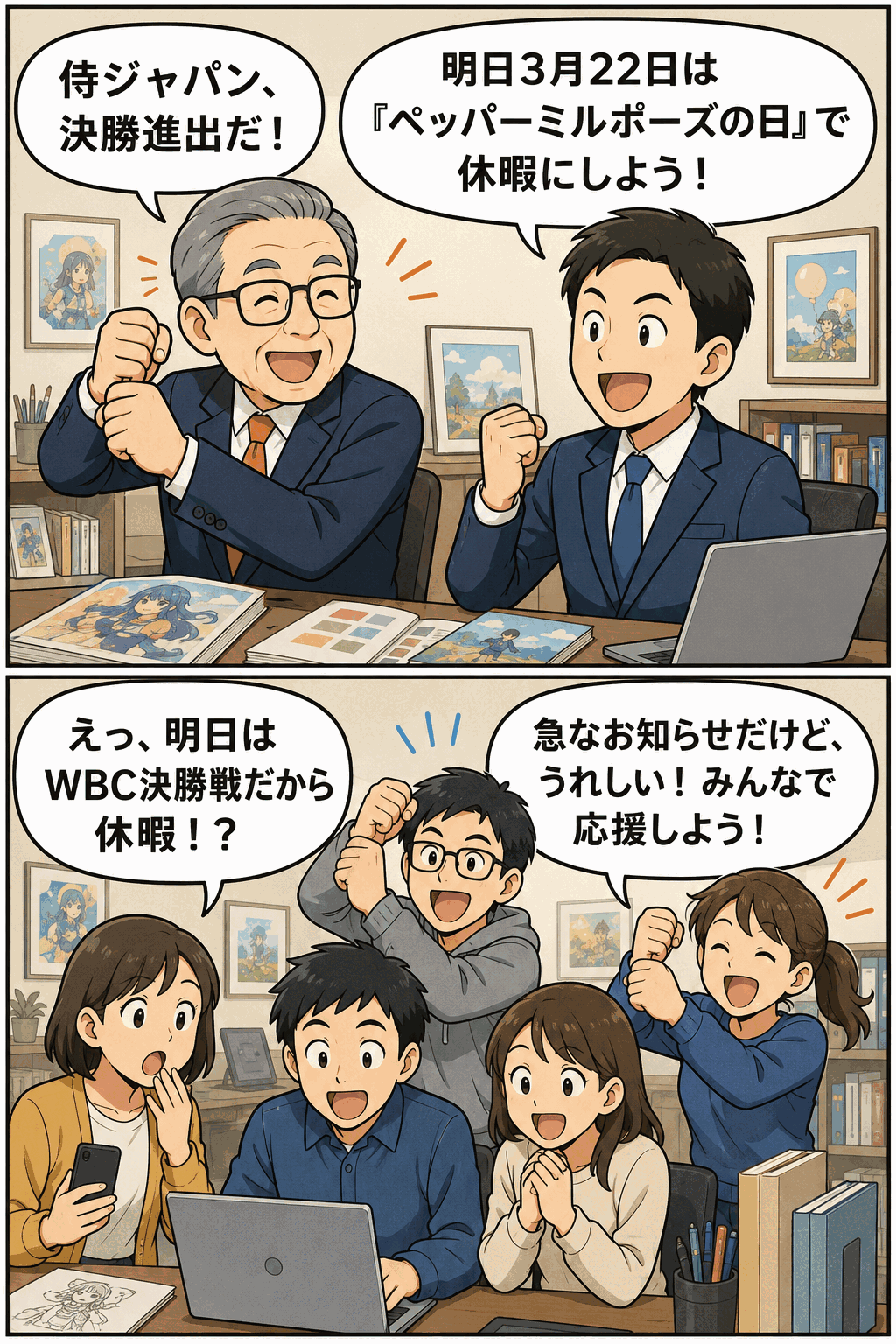 WBC決勝進出を受けて、会長と社長が3月22日を「ペッパーミルポーズの日」として休暇に決め、社員たちが喜ぶ漫画イラスト