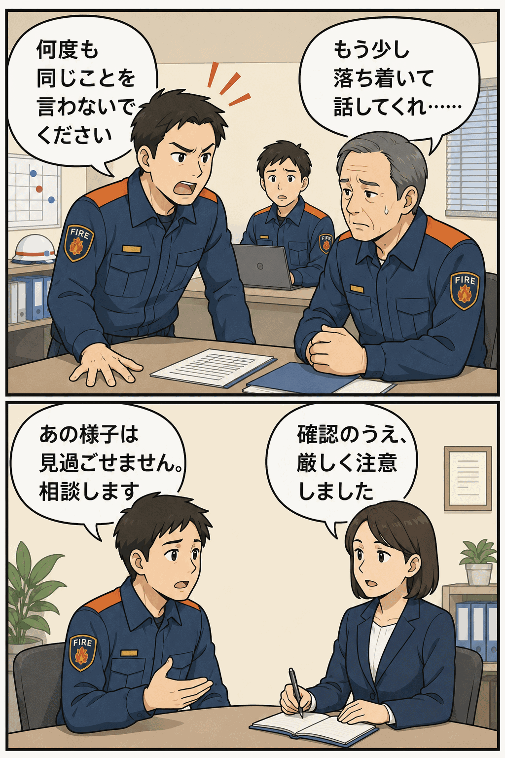 愛媛県の消防職員が上司に不適切発言を行い、若手職員がハラスメント相談をする様子を描いた逆パワハラ事案の漫画