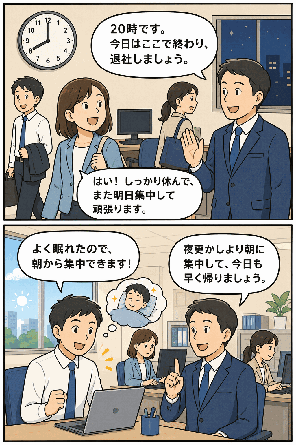 20時絶対退社ルールで定時後の退社を促し、十分な睡眠と翌朝の集中勤務によって生産性向上を目指す販売会社の働き方改革