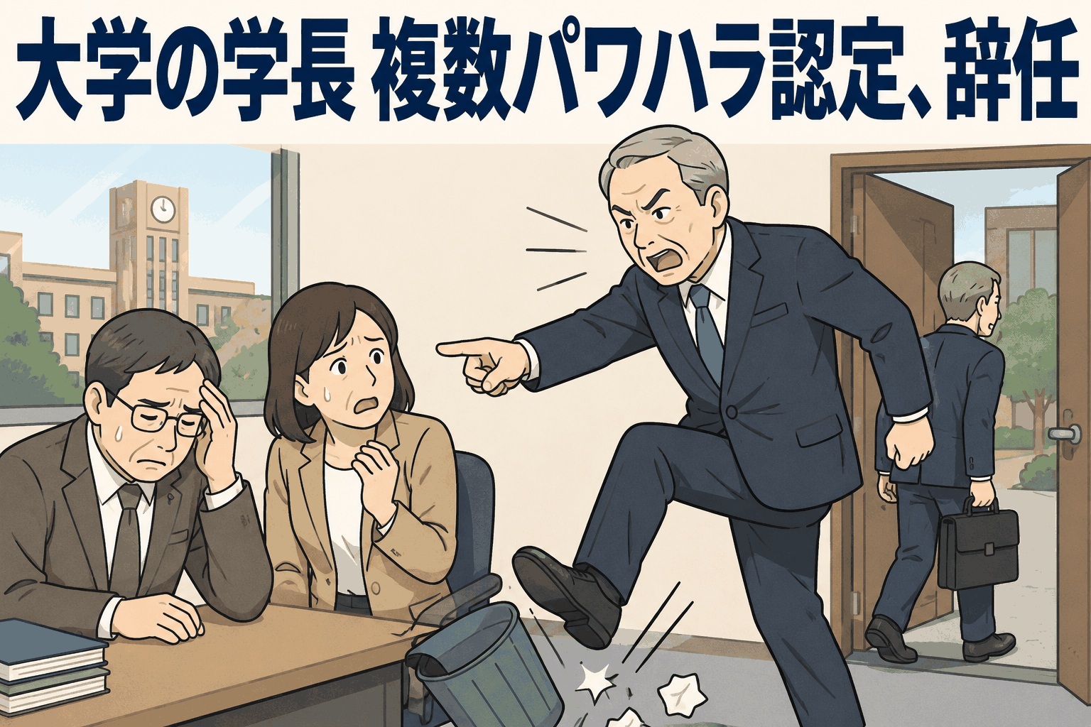 青森の公立大学で学長による複数教員へのパワハラが認定され、激しい叱責や威嚇行為、非常勤講師の仕事を与えない問題を描いたイラスト