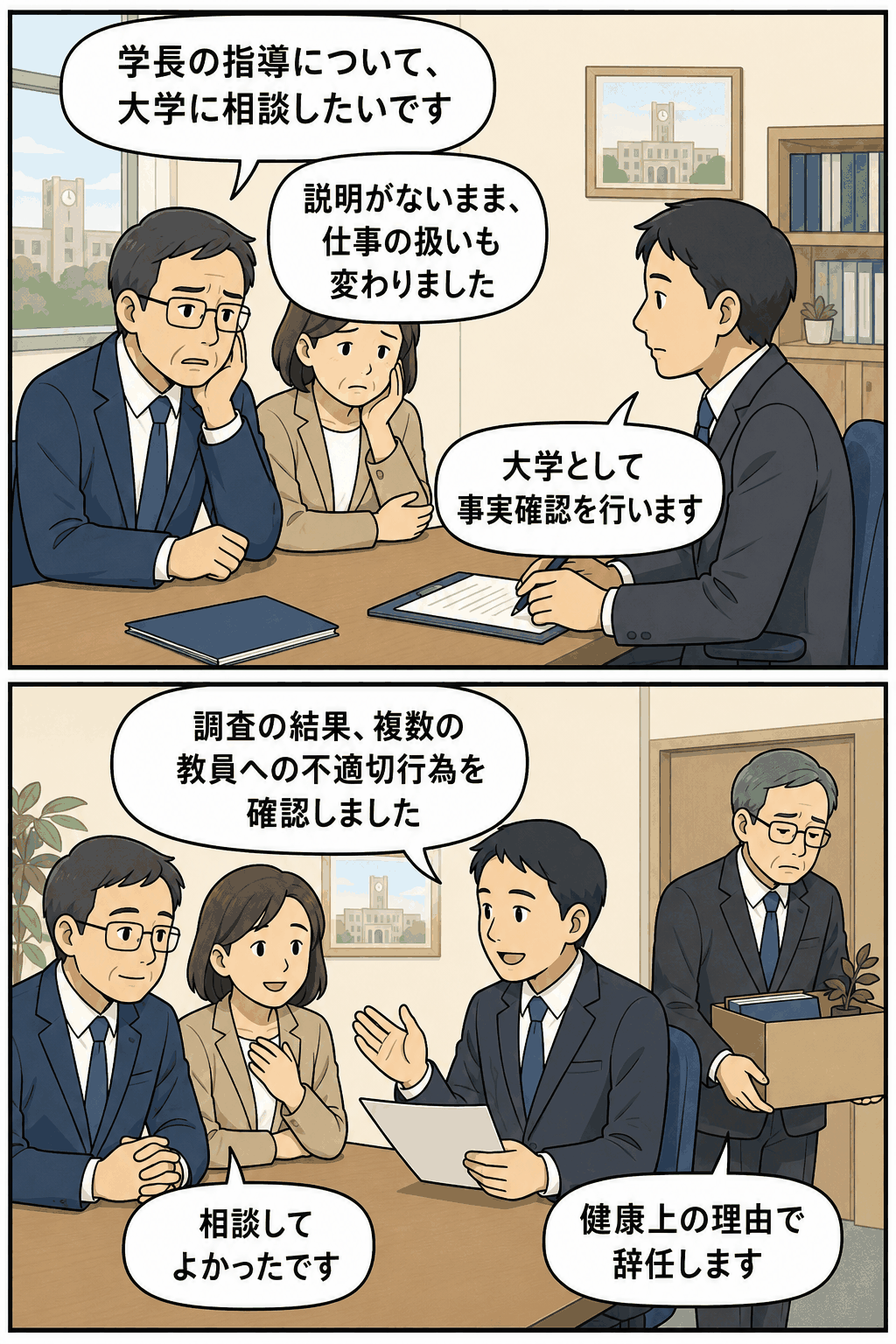 青森の公立大学で複数教員が学長のパワハラを相談し、大学の調査で不適切行為が認定され、学長が健康上の理由で辞任する流れを描いた漫画