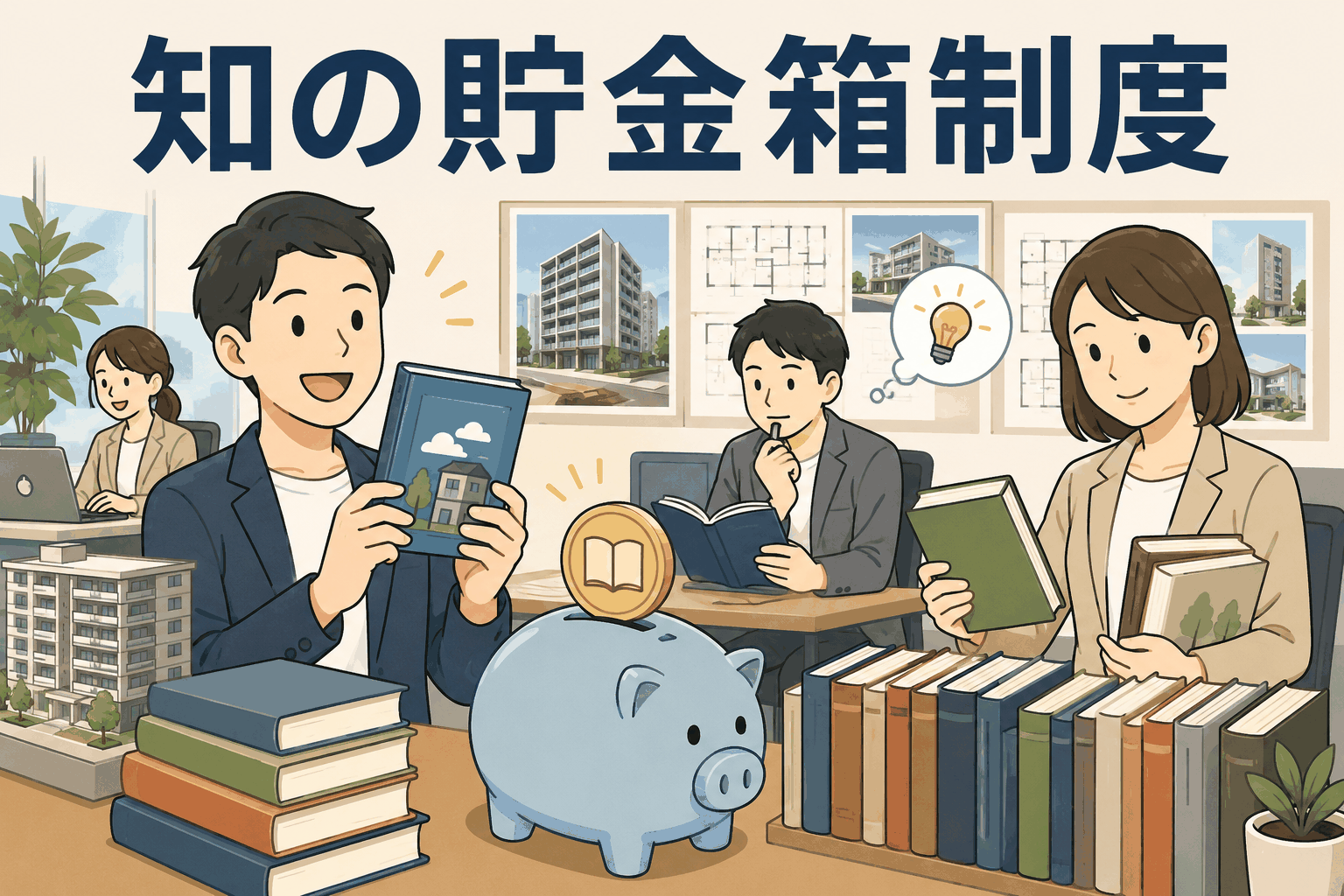 社員の読書費用を全額補助する「知の貯金箱制度」を紹介するイラスト。マンション・住宅企画会社の社員が本を読み、知識を蓄える様子。
