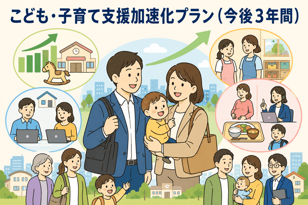 こども・子育て支援加速化プランを示すイラスト。児童手当拡充、育休支援、保育環境改善、相談支援、学校給食費など子育て政策の強化を表現。
