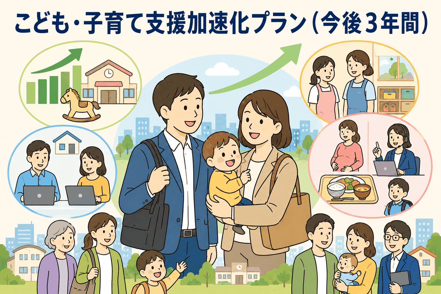 こども・子育て支援加速化プランを示すイラスト。児童手当拡充、育休支援、保育環境改善、相談支援、学校給食費など子育て政策の強化を表現。