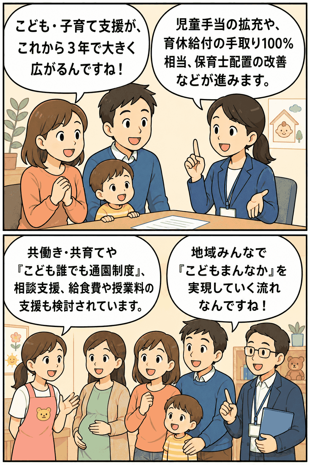 こども・子育て支援加速化プランを説明する漫画イラスト。児童手当の拡充、育休給付、保育士配置改善、こども誰でも通園制度、相談支援などを解説。