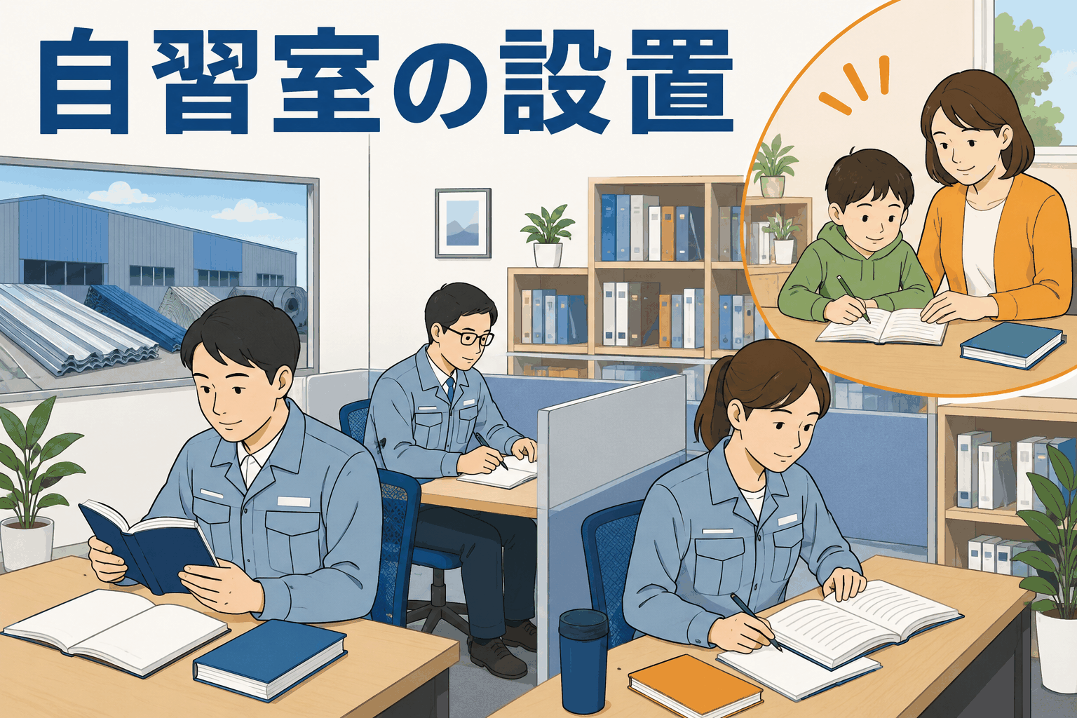金属屋根材製造会社の本社内に設置された自習室で、従業員が学習し、休日には家族も利用できる様子