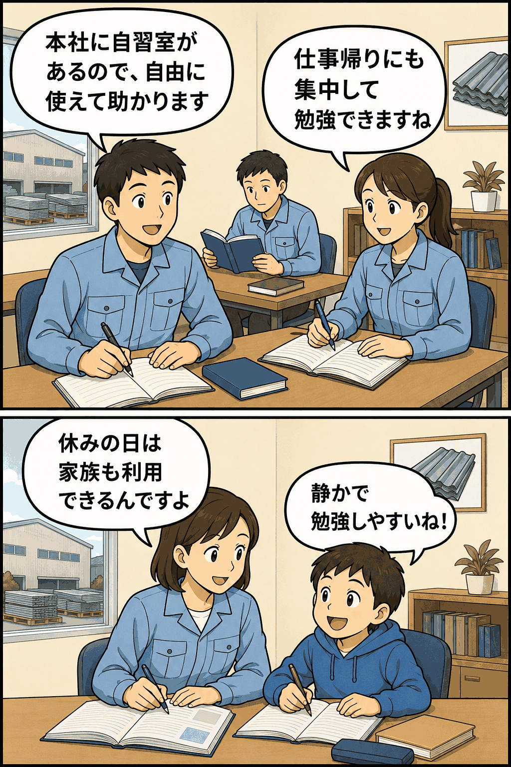 金属屋根材製造会社の本社内にある自習室で、従業員が仕事帰りに学習し、休日には家族も利用して勉強できる様子