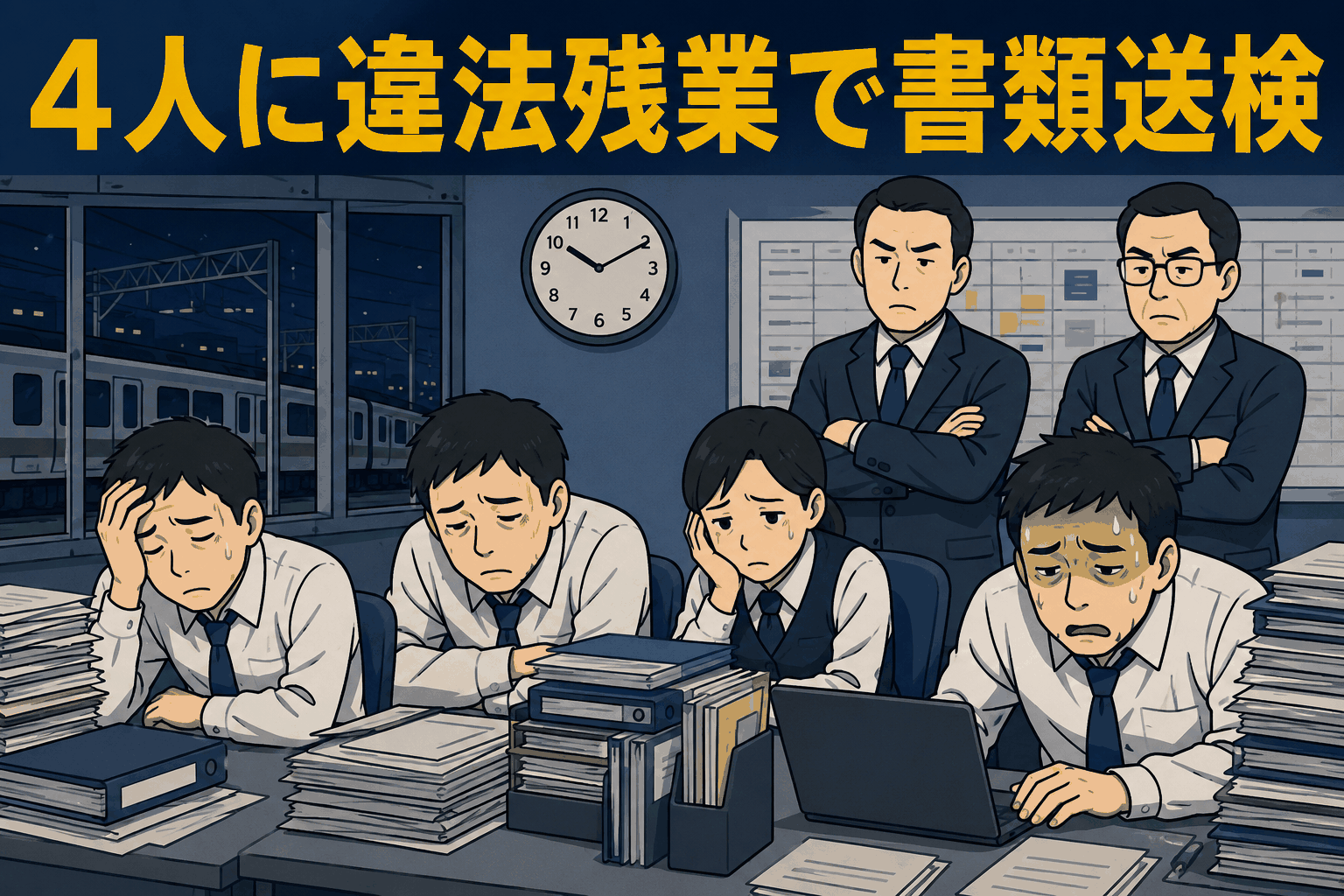 鉄道会社で従業員4人に三六協定を超える違法残業と未払い残業代があったとして書類送検された事例を示すイラスト